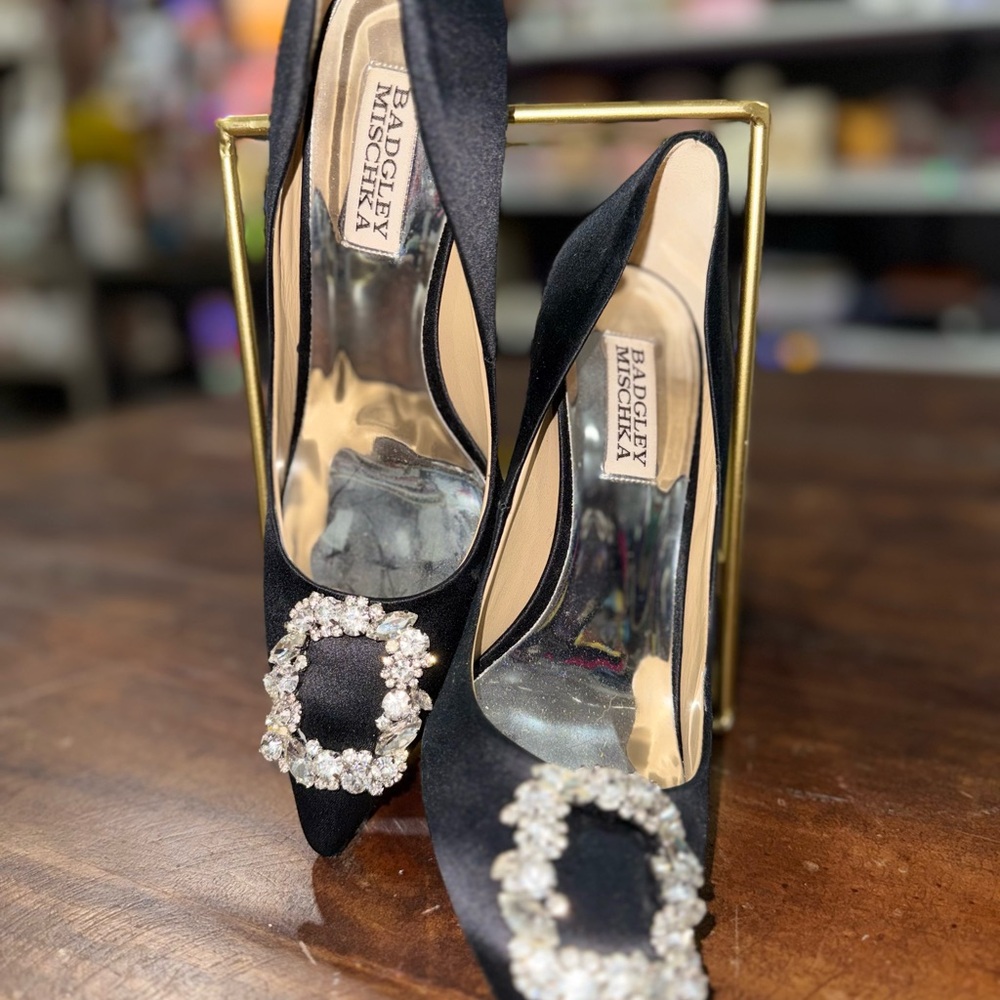 Badgley Mischka Black Satin Crystal-Embellished Pointed Toe Pumps